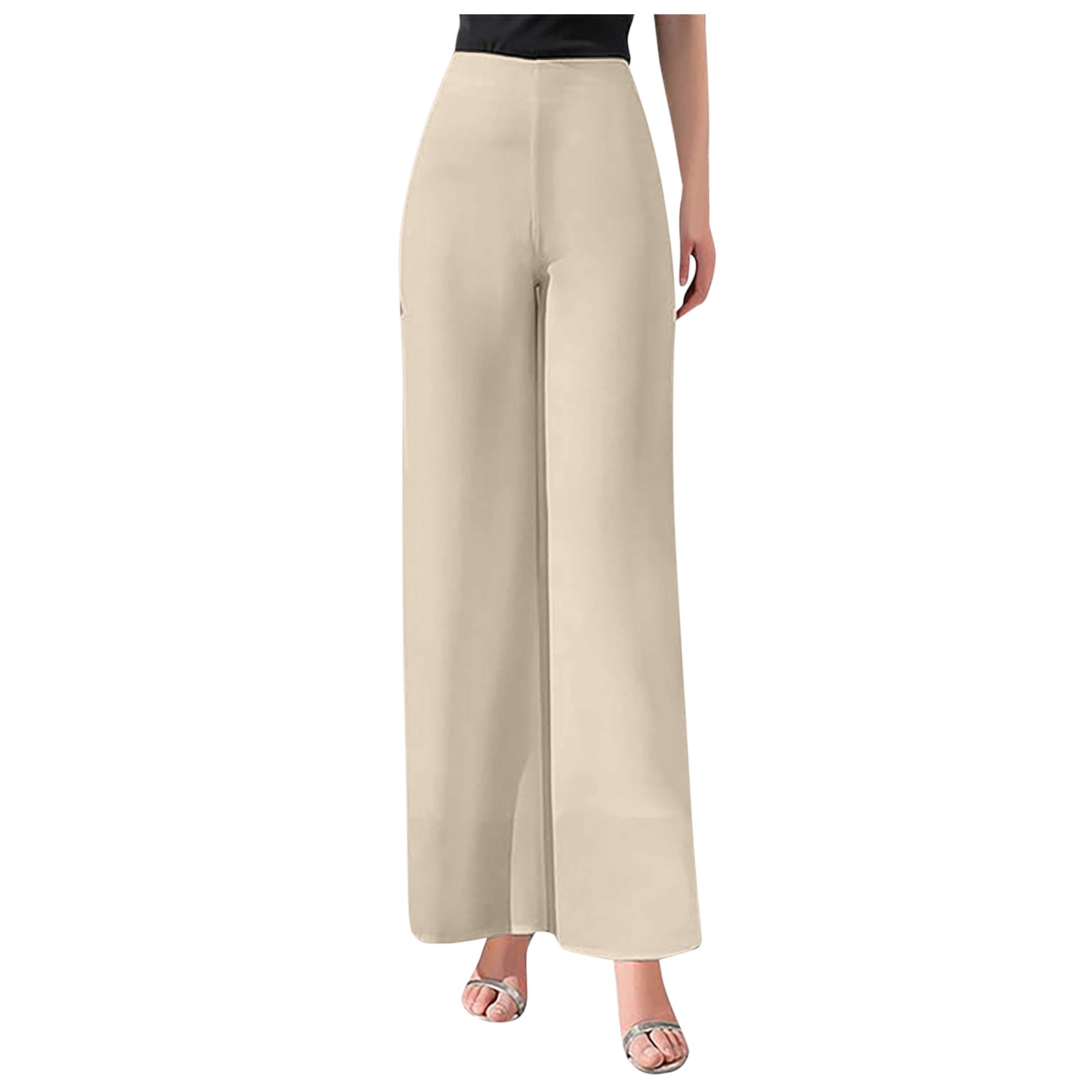 thumbnail image 1 of Pantalones acampanados de gasa de cintura alta para mujer: parte trasera elástica, cremallera lateral, tejido fluido, para bodas y cócteles, 1 of 7